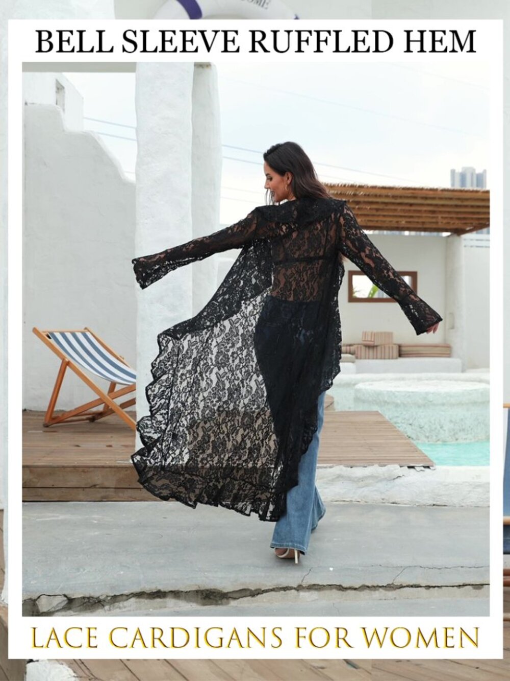 Lace Cardigan Women Maxi Lightweight Open Front Tie Bell Long Sleeve Ruffled - Picture 7 of 7
